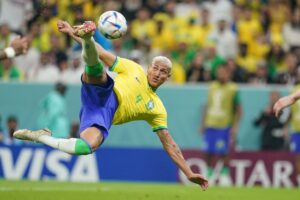 Player of Brazil Richarlison scores during the FIFA World Cup Qatar 2022 group G match between Brazil and Serbia at Lusail Stadium on November 24, 2022 in Lusail, Qatar