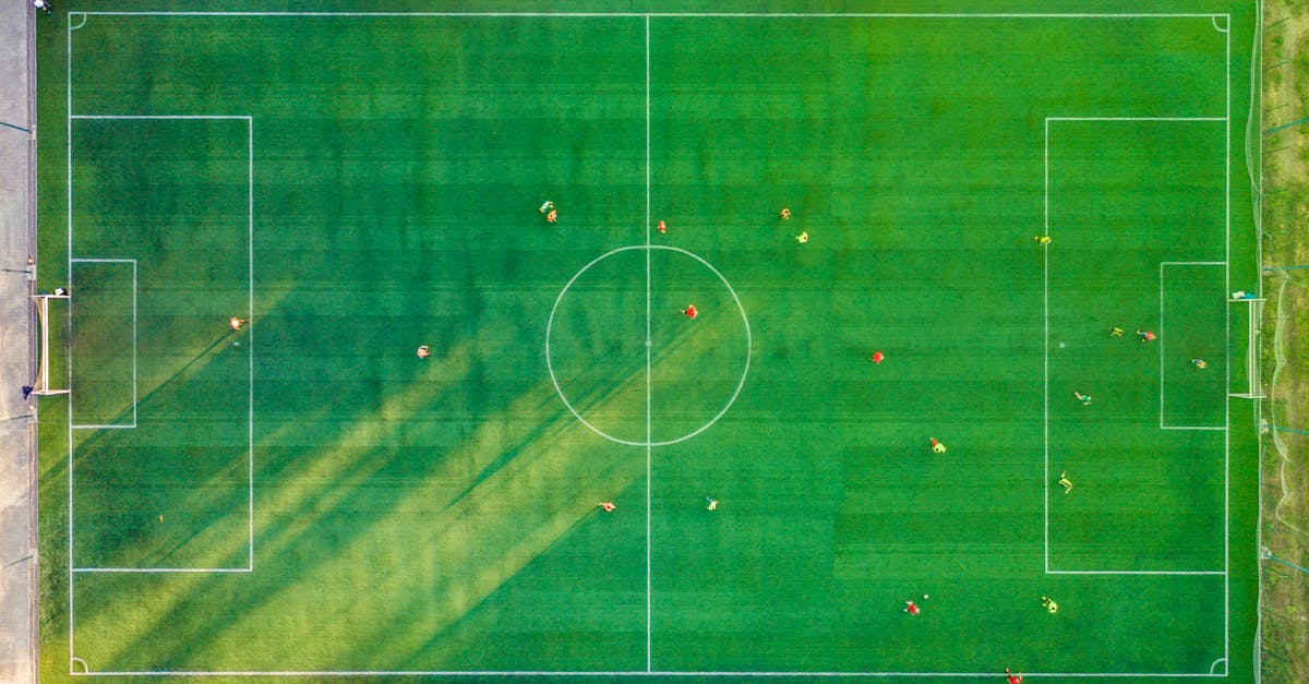 Aerial shot of a soccer game with players on a vibrant green field. World Cup finals