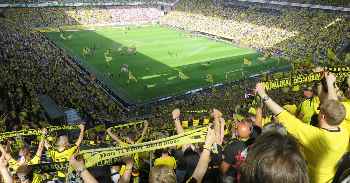 Excited Borussia Dortmund fans cheering during an intense soccer match at the stadium. World Cup Traveling Fans