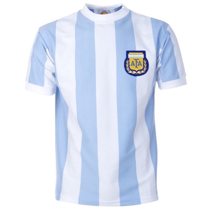 Argentina 1986 iconic striped jersey worn by Maradona during World Cup triumph.