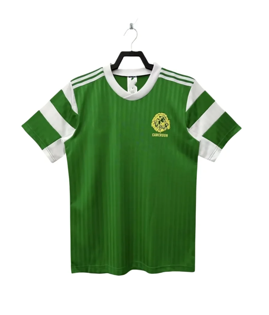 Cameroon 1990 green jersey worn by the Indomitable Lions in iconic World Cup run.