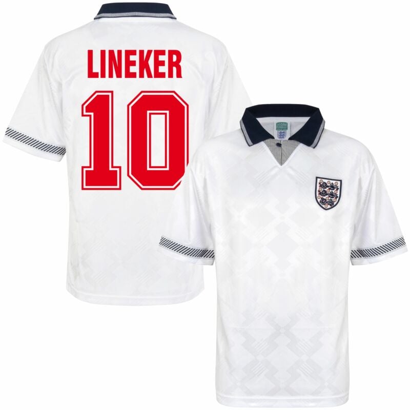England 1990 kit with classic white, blue, and red accents – a streetwear favorite.