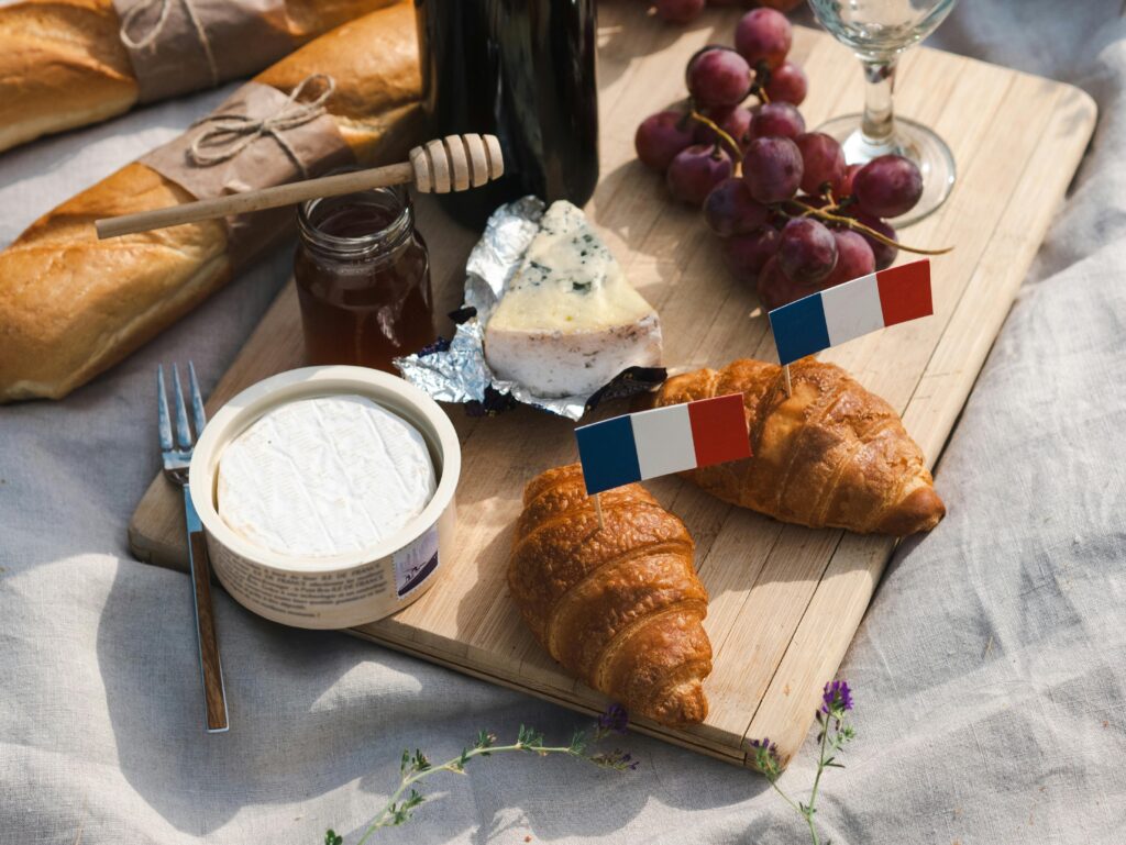 French baguette, cheese, and wine shared during World Cup viewing.