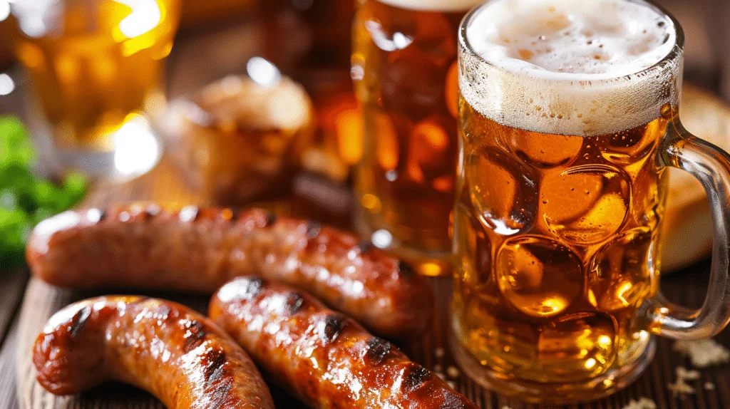 German bratwurst sausages and beer at World Cup fan zones.