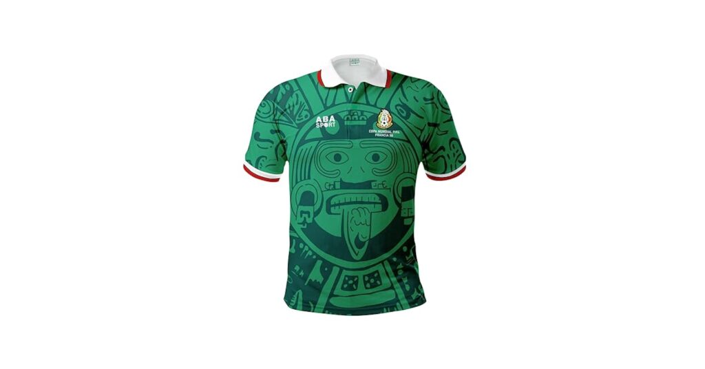 Mexico 1998 very colorful green World Cup kit with Aztec-inspired patterns.