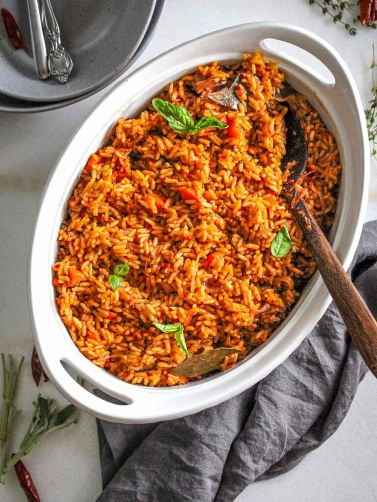 Nigerian jollof rice dish prepared for World Cup viewing parties.