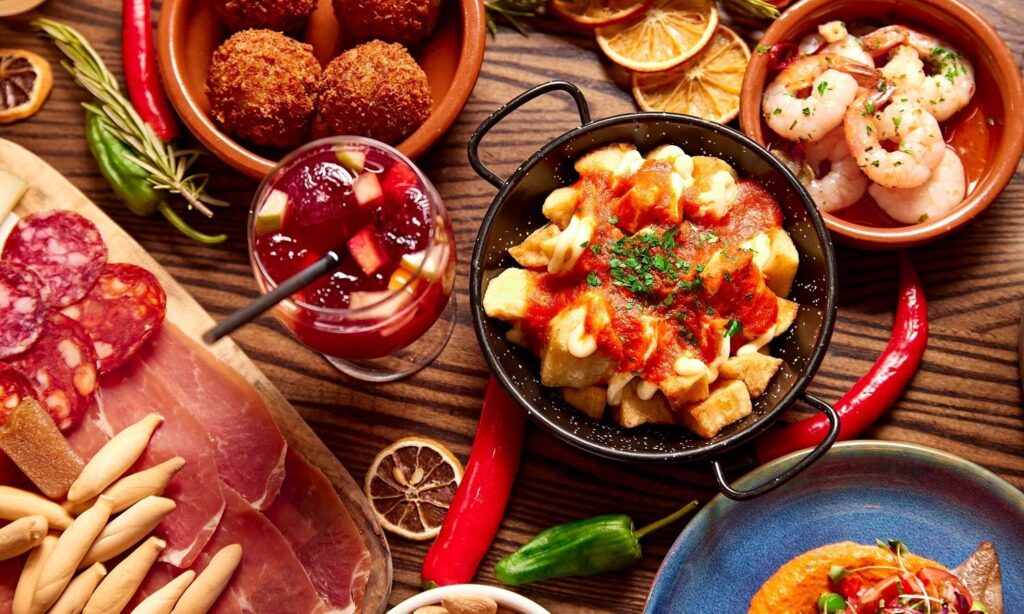 Spanish tapas and sangria shared by fans during World Cup matches.