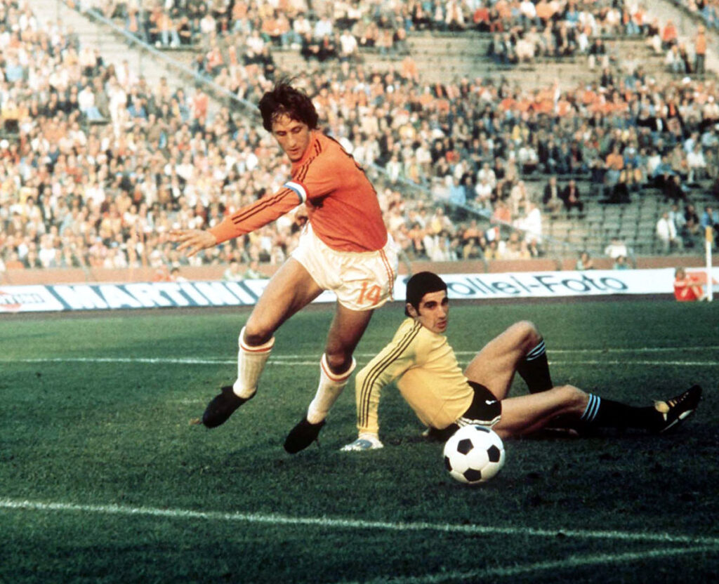 Johan Cruyff dribbling during the 1974 World Cup for Netherlands.