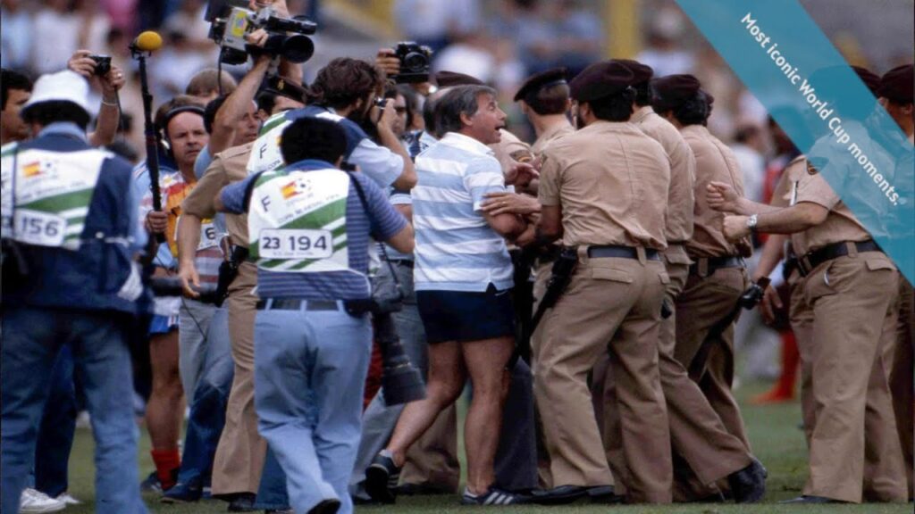 Kuwait players protesting referee decision during bizarre 1982 World Cup incident.