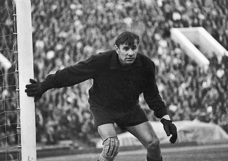 Lev Yashin diving to make a save during World Cup match.