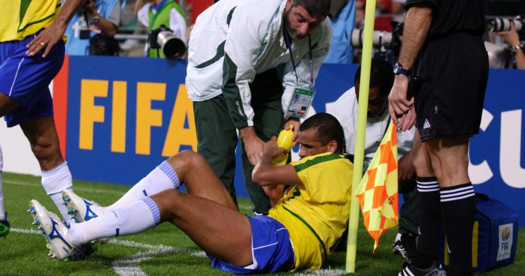 Rivaldo faking injury after ball hit his leg in 2002 World Cup vs Turkey.