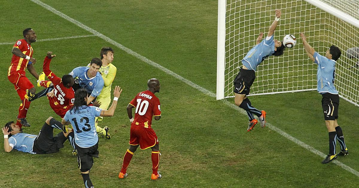 Luis Suárez deliberately handling the ball on the line against Ghana in 2010.