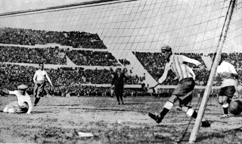World Cup 1930 match with no player substitutions allowed despite injuries.